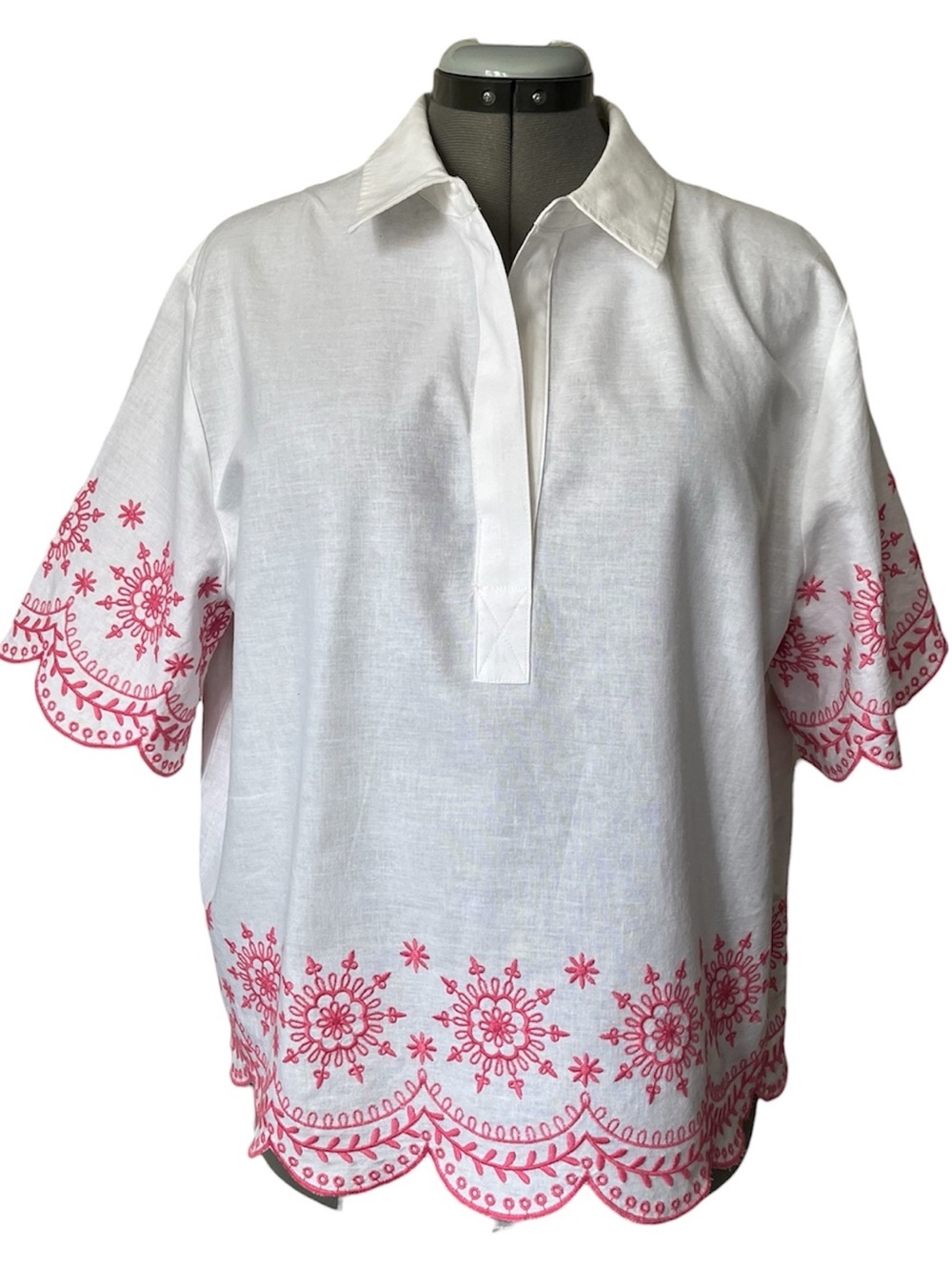 Talbots embroidered Linen blend collared popover top XL